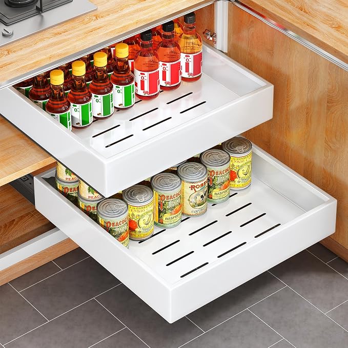 2Pack Pull out Cabinet Organizer, 21"Deep, Heavy Duty Full-extension Slide out Drawers for Kitchen Cabinet, Roll out Shelf Storage with Nano Adhesive for Pots,17"W x 21"D x 3.1"H, White by Kitstorack
