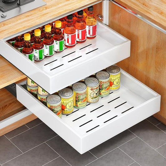2Pack Pull out Cabinet Organizer, 21"Deep, Heavy Duty Full-extension Slide out Drawers for Kitchen Cabinet, Roll out Shelf Storage with Nano Adhesive for Pots,17"W x 21"D x 3.1"H, White by Kitstorack