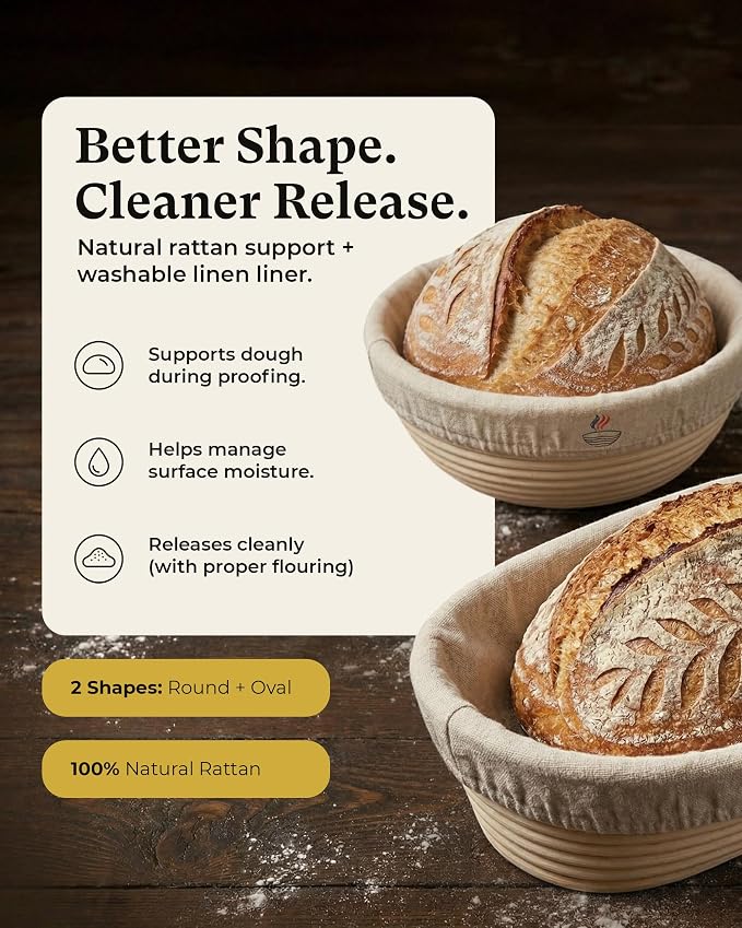 Banneton Bread Proofing Basket with Liners - Natural Rattan Dough Riser & Sourdough Starter Kit, Artisan Bread Loaves, Homemade Bread Making - 9” Round & 10" Oval Basket - 2 Pack - Image 2