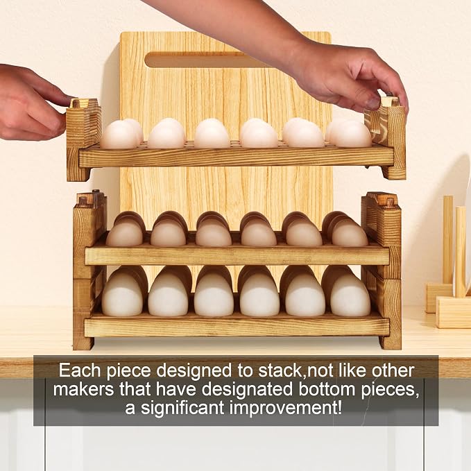 Wooden Egg Holder Countertop Fresh Egg Holders Firewood Egg Collecting Rack for Gathering Fresh eggs, Stackable with 54 eggs, Home Kitchen Organizer, Set of 3 PCS - Image 5