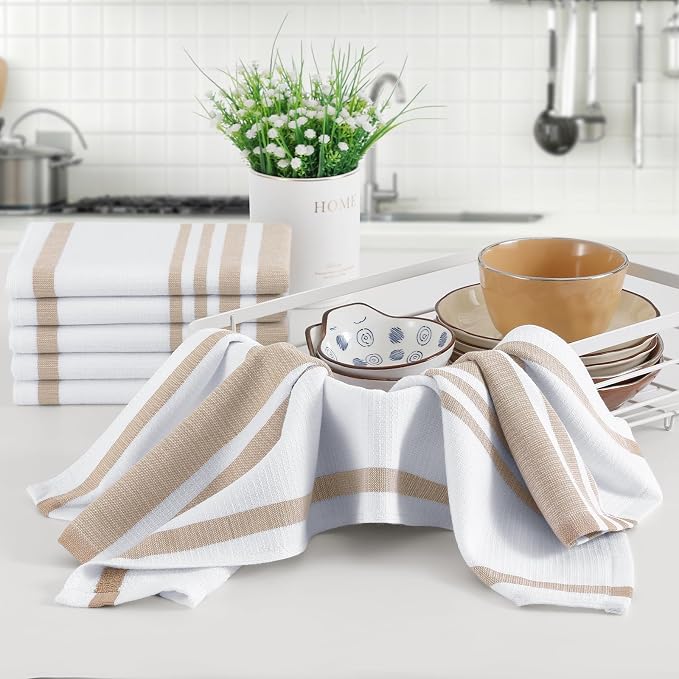 Homaxy Premium Cotton Stripe Kitchen Towels 8 Pack, 18"x 28", Khaki | Large 380 GSM Kitchen Hand Towels, Soft Terry Dish Towels, Highly Absorbent Tea Towel Set with Hanging Loop - Image 5