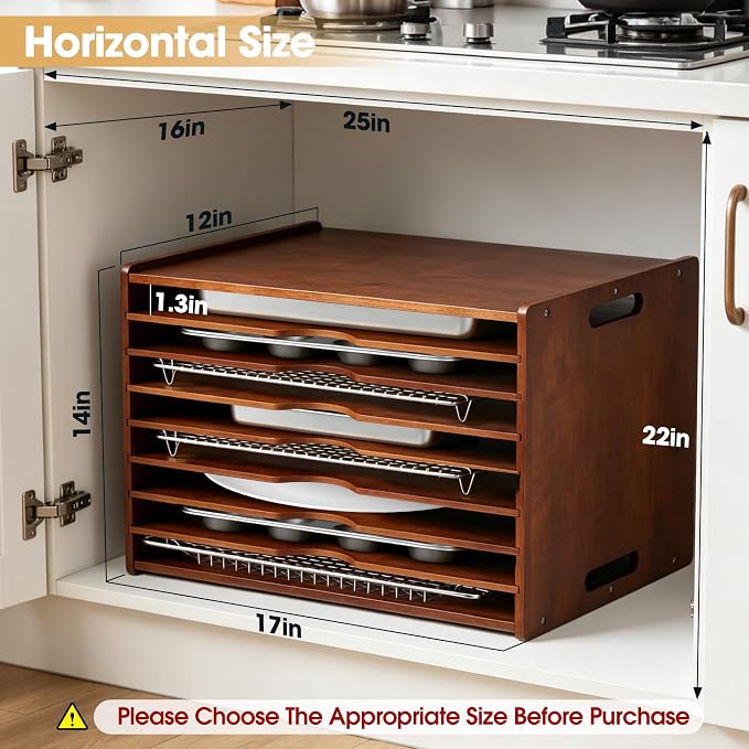 8-Tier Baking Sheet Organizer for Cabinet, 17 x 12 x 14 in Wooden Tray Divider Rack, Bamboo Cutting Board, Pan, Tray and Cookie Sheet Organizer for Kitchen Storage - Image 2