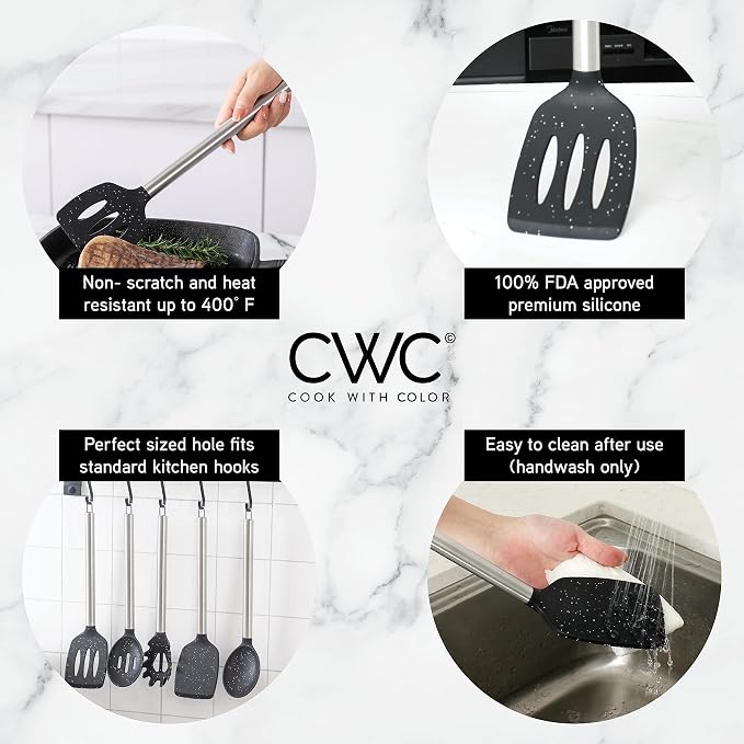 COOK WITH COLOR Silicone Cooking Utensils, Kitchen Utensil Set, Easy to Clean Silicone Kitchen Utensils, Cooking Utensils for Nonstick Cookware, Kitchen Gadgets Set, 5 Pieces, Speckled Black - Image 4