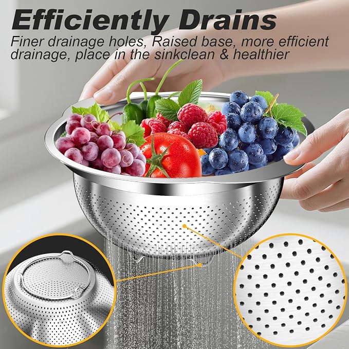 Colander, Stainless Steel Colander for Kitchen, 3Pcs Kitchen Gadget Food Strainer Basket with Handle, Kitchen Strainer Colanders Bowl for Pasta Noodles Spaghetti Vegetables Fruit (2QT, 3QT, 5QT) - Image 5