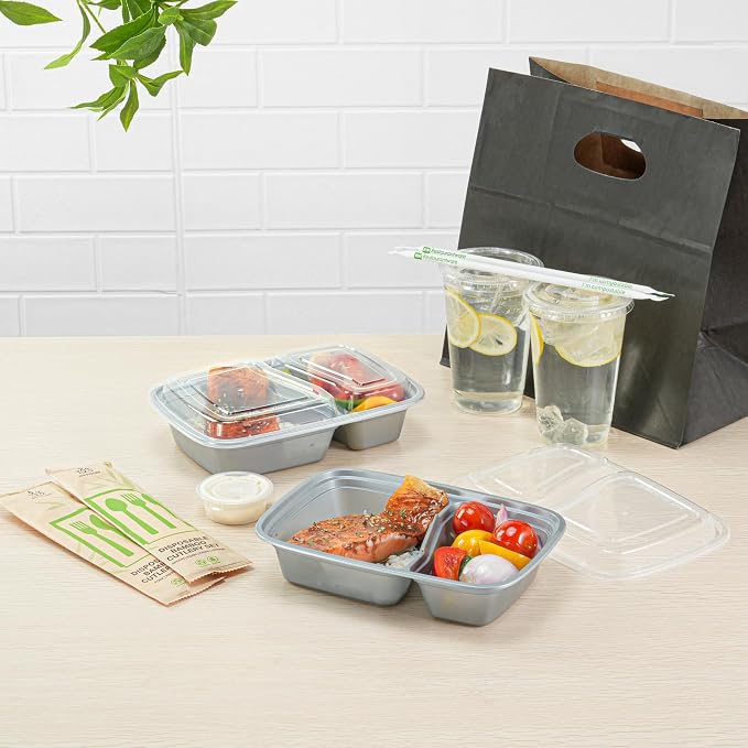 Restaurantware-Asporto 26 Ounce Compartment Take Out Boxes, 100 Microwavable Meal Prep Containers - 2 Compartments, With Clear Plastic Lids, Silver Plastic Food Containers, Do Not Contain BPA - Image 3