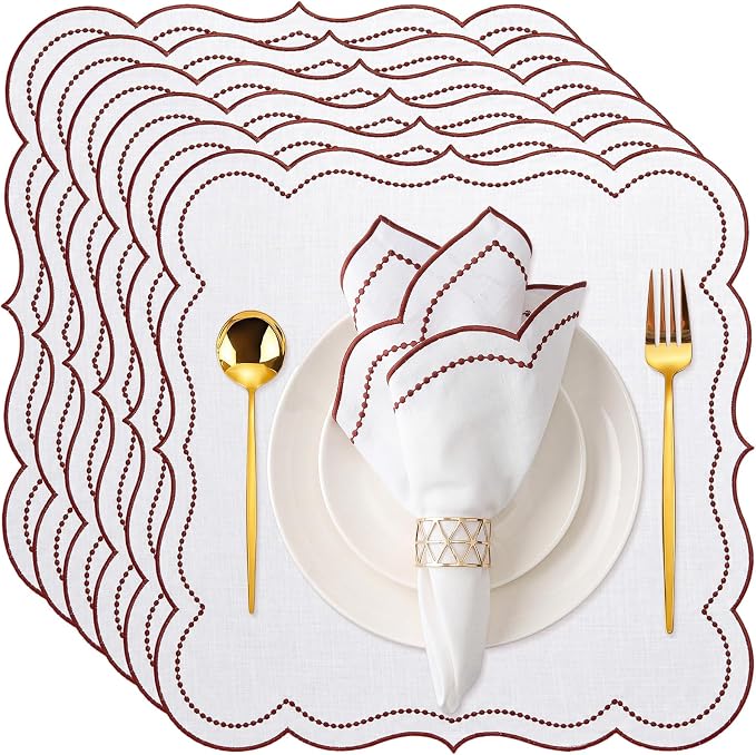 Hahafelt Cloth Napkins 18x18inches Scalloped Embroidery Cloth Napkins Washable Polyester Table Dinner for Hotel Restaurant Weddings Events Parties(Rust Red,6 Set) by Hahafelt