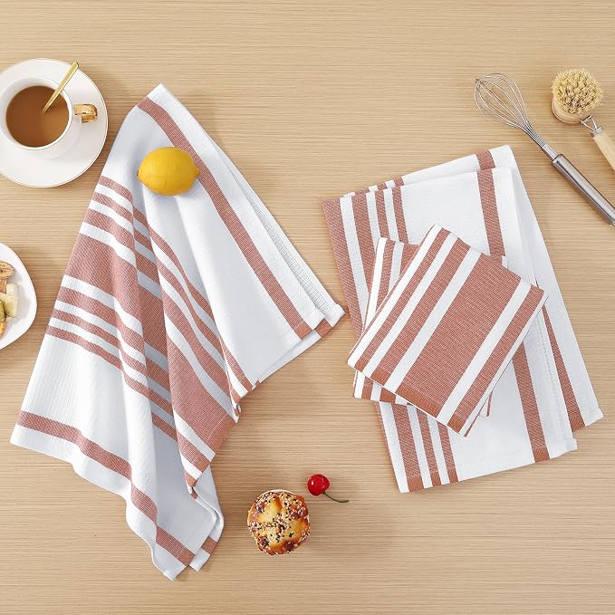 Homaxy Premium Cotton Stripe Kitchen Towels 8 Pack, 18"x 28", Rust | Large 380 GSM Kitchen Hand Towels, Soft Terry Dish Towels, Highly Absorbent Tea Towel Set with Hanging Loop - Image 6