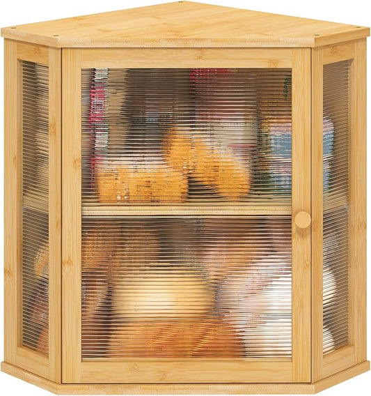 viewcare Corner Bread Box for Kitchen Counter, Bamboo Wood Large Capacity Bread Storage Bin with Acrylic Wavy Door Panel (Natural, Extra Large) by VIEWCARE
