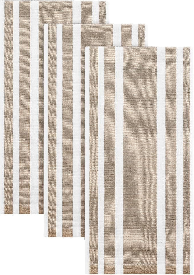 Homaxy Premium Cotton Stripe Kitchen Towels 3 Pack, 18"x 28", Khaki | Large 380 GSM Kitchen Hand Towels, Soft Terry Dish Towels, Highly Absorbent Tea Towel Set with Hanging Loop by Homaxy