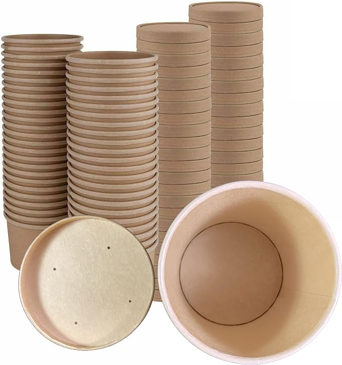 250 Sets Kraft Paper Food Containers With Vented Lids, To Go Hot Soup Bowls, Disposable Ice Cream Cups - Kraft by DHGPROFESSIONAL