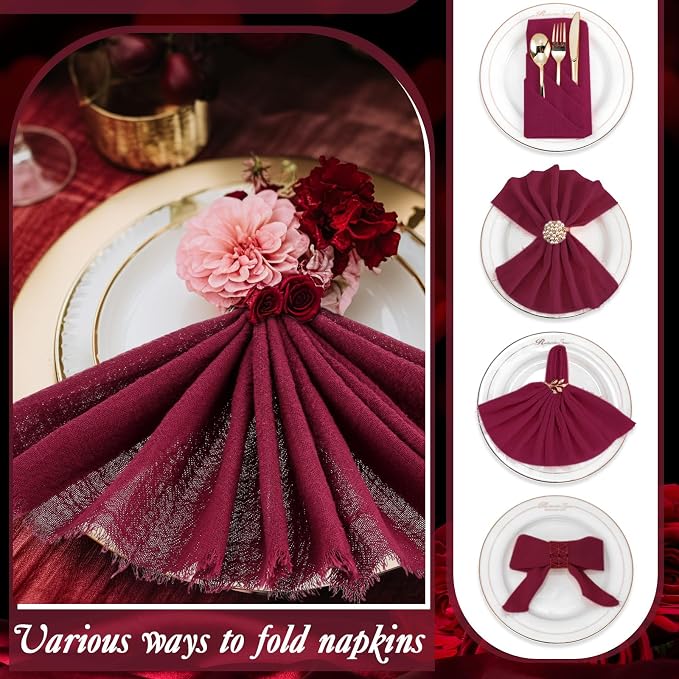 48 Pcs Cotton Linen Cloth Napkins with Fringe 16.5 x 16.5 Inch Square Rustic Dinner Linen Napkins Bulk for Wedding Party Banquet Dinner (Wine Red) - Image 3