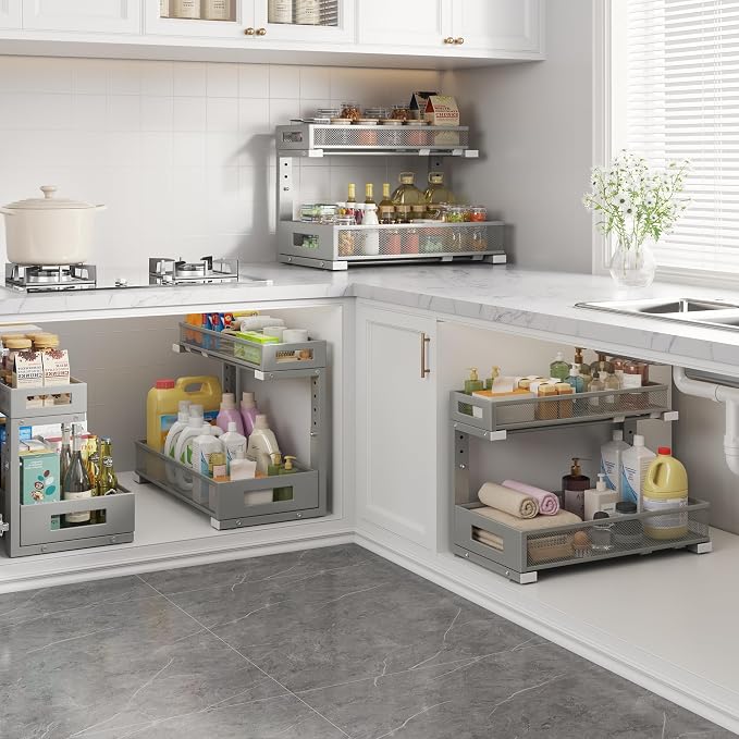 2 Pack 17IN Depth Under Sink Storage Organizer, Large 2-Tier Elegant Mesh Pull Out Shelf for Kitchen and Bathroom Cabinet Organization, L-Shaped and Adjustable Height Design-Gun Gray - Image 6