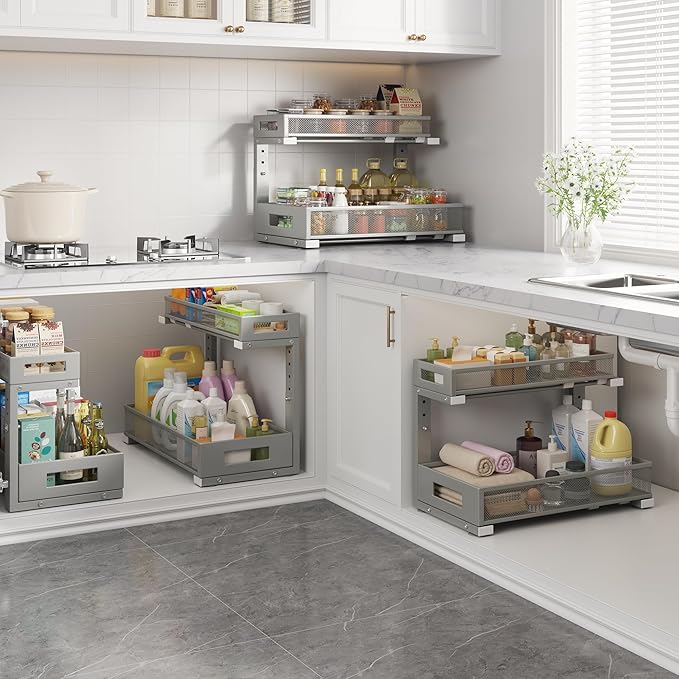 1 Pack 17IN Depth Under Sink Storage Organizer, Large 2-Tier Elegant Mesh Pull Out Shelf for Kitchen and Bathroom Cabinet Organization, L-Shaped and Adjustable Height Design-Gun Gray - Image 6