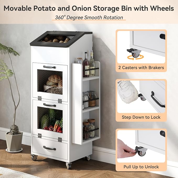 Verano Garden 16.0" Potato and Onion Storage Bin on Wheels, Bread Box | Fruit and Vegetable Organizer, Rolling, Side Rack, Flip-top, Mesh Doors, 4-Tier, Grocery Section, Ventilated, Wood, Kitchen - Image 5