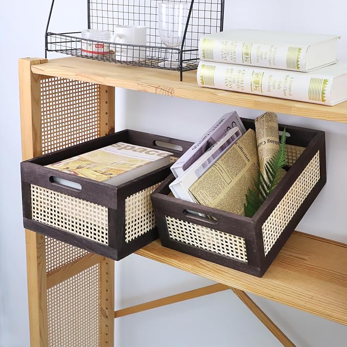Desktop Storage Basket, Sundry Office Drawer Storage Box, Wood Frame Storage Basket. (Brown-Set2) - Image 5