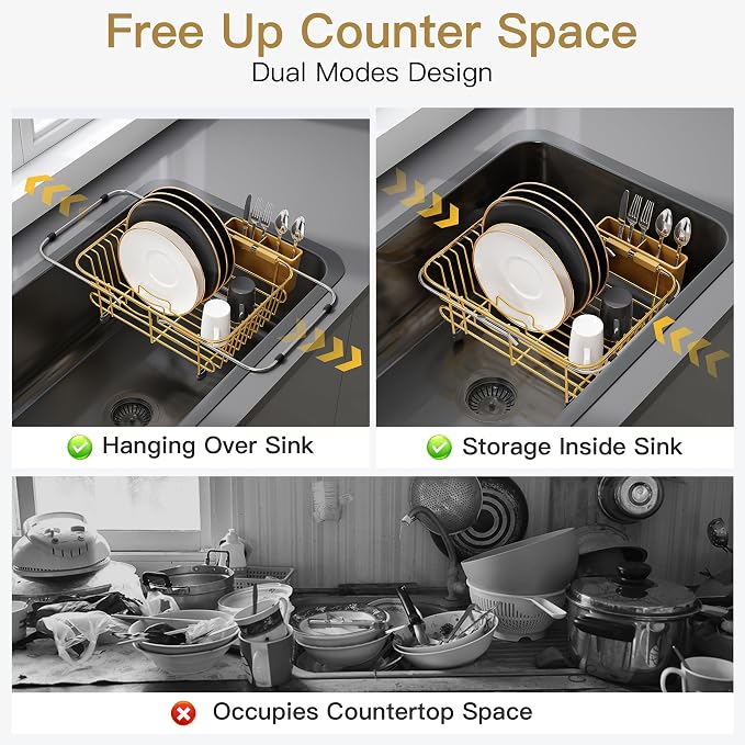 JASIWAY Gold Dish Drying Rack in Sink with Utensil Holder, RV, Apartment | Over Sink Expandable Stainless Steel Dish Drainers for Compact Kitchen, Space Saving, Fast Drain, Rustproof, For 1-2 people - Image 2