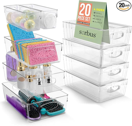 Sorbus Clear Plastic Storage Bins for Organizing, 20 Pack Clear Organizer Bins with Handles, Plastic Storage Bins for Closet, Pantry, Fridge, Medicine Cabinet Organizer, Shelves, Freezer, Drawer by Sorbus