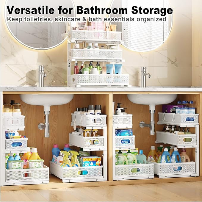 2 Pack Under Sink Organizer,3-Tier White Metal Pull Out Kitchen Cabinet Organizers,Slide Out Undersink Storage Drawers,Under The Sink Organization and Storage, Bathroom Shelves for Pantry,Laundry Room - Image 8