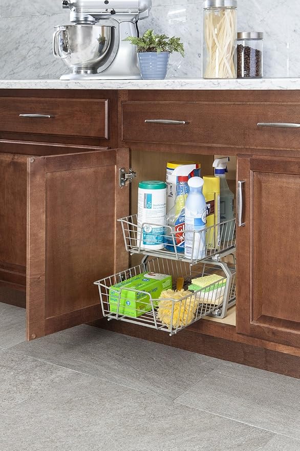 ClosetMaid 11 in. Pull Out Cabinet Organizer, 2 Tier, Heavy Duty, Slide Out Pantry Shelves Drawers for Kitchen, Bathroom, Nickel - Image 2