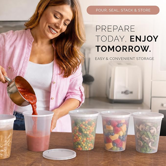 100 PACK (200 SETS) of 32 oz. Plastic Food Containers with Lids | Airtight, Microwave, Dishwasher, & Freezer Safe | Meal Prep, Disposable, Takeout Deli Soup Slime Round Food Storage Box - Image 4