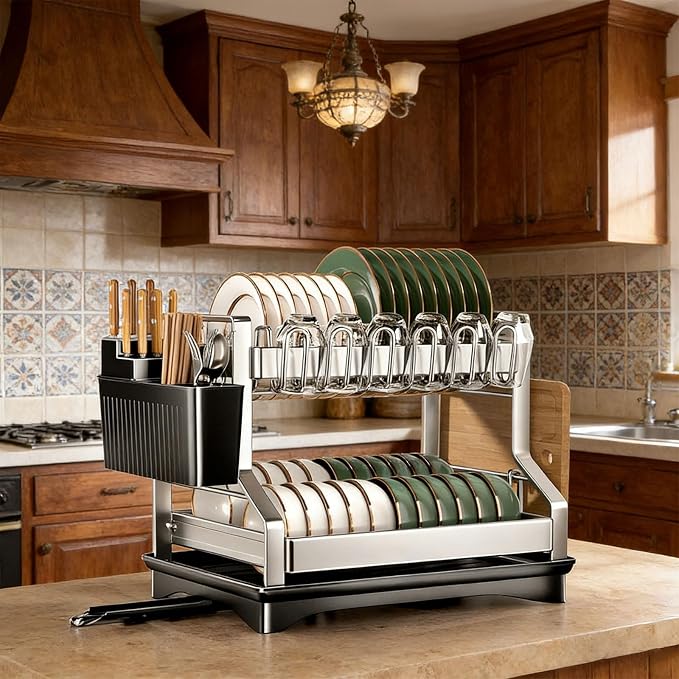 Fandian Dish Drying Rack 2 Tier Dish Racks for Kitchen Counter and Sink, Large Dish Drying Rack with Drainboard & Utensil Holders Stainless Steel Dish Drainers Kitchen Organization and Storage - Image 7