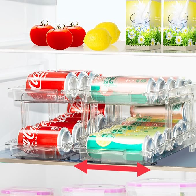VUSIGN Expandable Soda Can Organizer 2 Pack, Adjustable Width Can Dispenser for Refrigerator 6.1''-9.38'' W, Drink Organizer for Fridge, Can Holder for Standard and Tall Can, Clear by VUSIGN