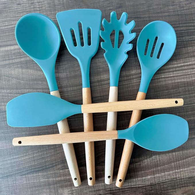 Kitchen Utensils Set 6-Piece Non-Stick Silicone Cooking Utensils Set, Wood Handle Heat Resistant Spatula Spoon Turner Ladle Pasta Server Cooking Kitchen Gadgets BPA Free for Nonstick Cookware - Image 6