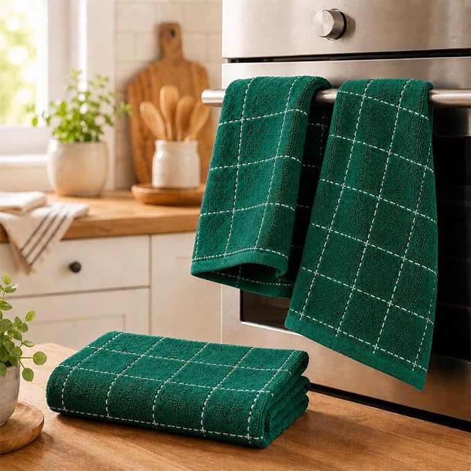 Kitinjoy 100% Cotton Terry Kitchen Towels, 13”x 28”, 8-Pack, Dark Green | Checkered Designed, Ultra Soft Absorbent Quick Drying Dish Towels - Image 7
