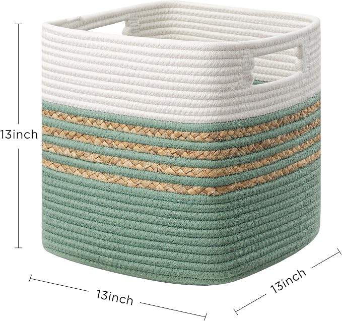 UBBCARE Set of 4 Storage Cubes 13 X 13 X 13 in, Water Hyacinth Storage Bins for Shelves, Toys, Book, Storage Baskets with Handles, Cotton Rope Woven Baskets for Organizing, Green - Image 2