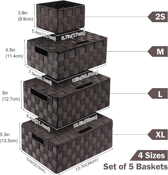 Storage Baskets with Lids: 5 Pack Stackable Woven Storage Bins, Brown | Decorative Woven Baskets for Organizing with Built-In Handles for Shelves, Closets, Cabinets and Cubbies, Gift Small Basket - Image 2