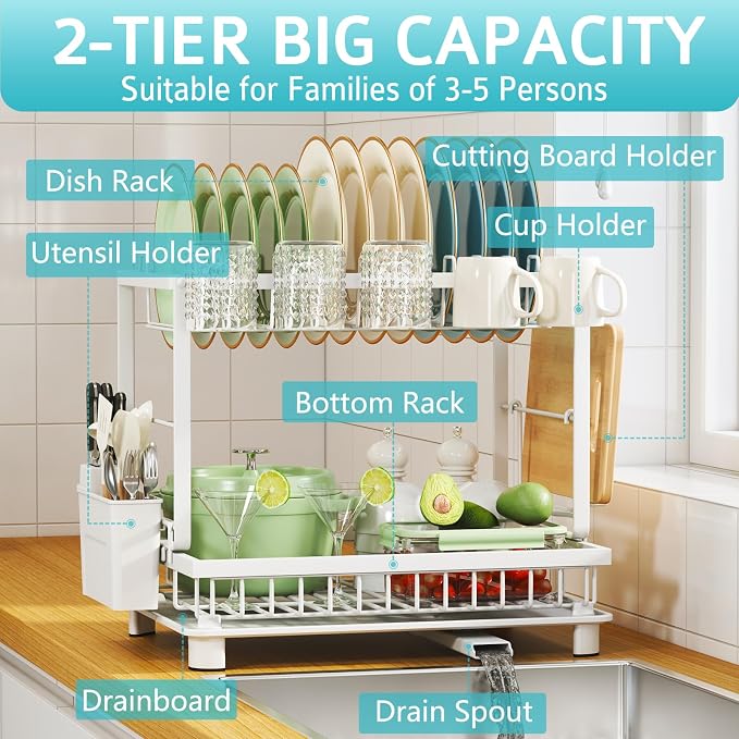 Multifunctional Dish Drying Rack - Rustproof, 2-Tier Dish Racks with Drainboard, Space-Saving Design, Utensil & Cup Holder for Kitchen Counter, White - Image 2