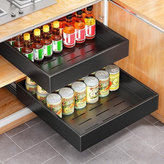 2Pack Pull out Cabinet Organizer, 21"Deep, Heavy Duty Full-extension Slide out Drawers for Kitchen Cabinet, Roll out Shelf Storage with Nano Adhesive for Pots,17"W x 21"D x 3.1"H, Black by Kitstorack