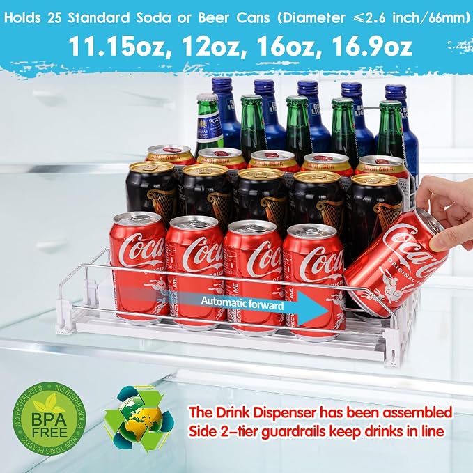 Drink Dispenser for Refrigerator, Self-Pushing Soda Can Organizer for Fridge, 5 Rows already Assembled, Automatic Can Dispenser with Spring Loaded for Refrigerator Holds 25 cans, White - Image 2