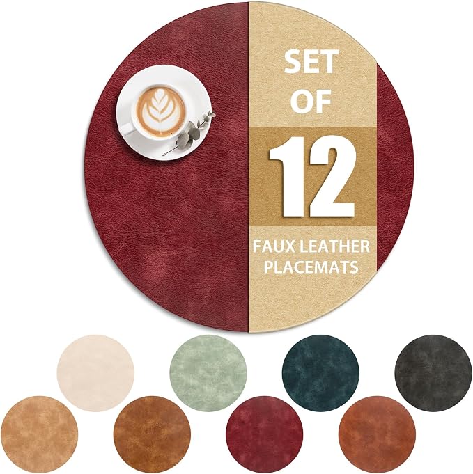 ADRIMER Placemats, Heat Resistant Round Placemats Set of 12 Washable, Waterproof Table Mats, Wipeable Faux Leather Place Mats for Kitchen, Dining Room, Wine Red by Adrimersdreamistobeanindispensablecompanioninyourlife