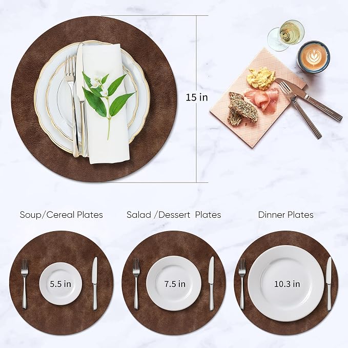 ADRIMER Placemats, Heat Resistant Round Placemats Set of 8 Washable, Waterproof Table Mats, Wipeable Faux Leather Place Mats for Kitchen, Dining Room, Brown - Image 6