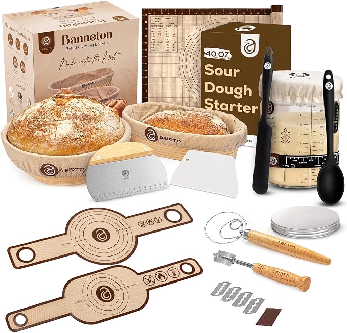 Sourdough Starter Kit with 9" Round & 10" Oval Bannetons, 40oz Starter Jar, and Sourdough Bread Baking Supplies Including Lame, Whisk, Scrapers, Slings, Mat, Silicone Spatula & Cloth Covers by ABIOTO