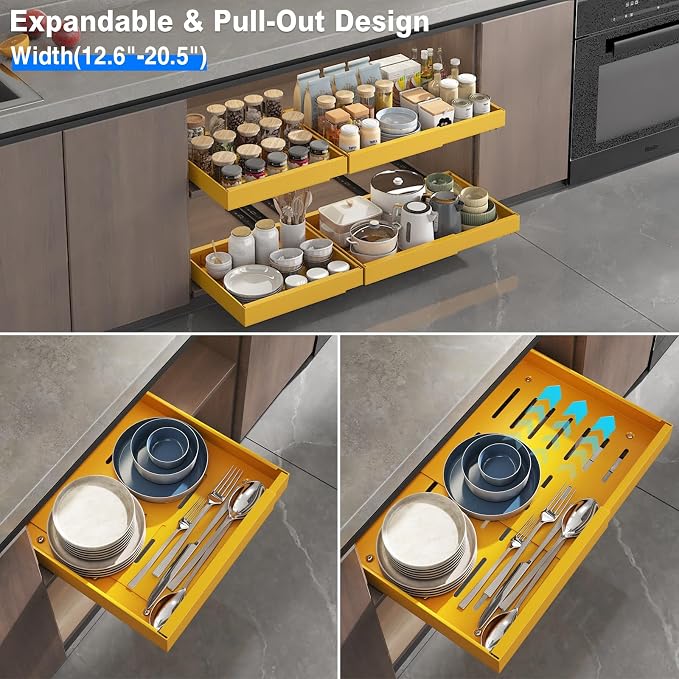 Mustorn 2 Pack Pull Out Cabinet Organizer, Expandable Slide Out Drawers for Kitchen Cabinets Peel and Stick Pullout Drawer Heavy Duty Sliding Shelves for Cupboard, Pantry, Bathroom(16.5" Deep, Yellow) - Image 3