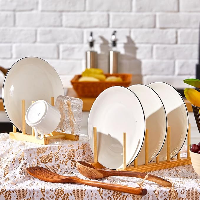 Zopeal 9 Pcs Bamboo Wooden Plate Racks Dish Rack Stand Holder 3/6/ 7 Slots Drainboard Drying Drainer Kitchen Cabinet Organizer for Dish Plate Bowl Cup Pot Lid Book - Image 5