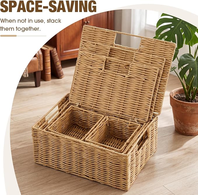 Yookeer 5 Pcs Woven Plastic Rattan Storage Baskets with Lid and Handles, Natural Color Large Storage Organizer with Labels, Stackable Rectangular Boho Decorative Baskets for Toys Shelves Bedroom - Image 6