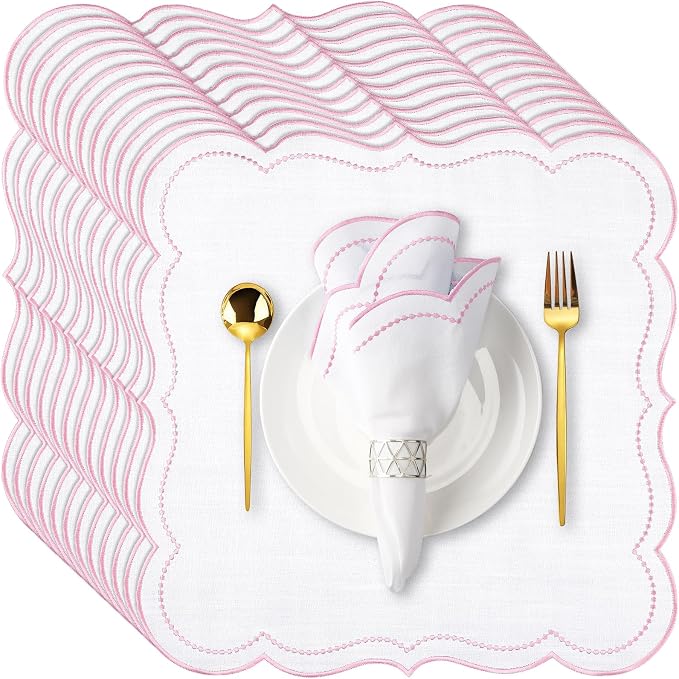 Hahafelt Cloth Napkins 18x18inches Scalloped Embroidery Cloth Napkins Washable Polyester Table Dinner for Hotel Restaurant Weddings Events Parties (Light Pink,12 Set) by Hahafelt