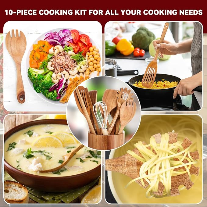 SiliFine 11 Pcs Wooden Kitchen Utensils Set with 360° Straight Rotating Holder Acacia Wood Cooking Utensils with Cooking Spoons Spatulas Nonstick Cookware Countertop Kitchen Decorations(Natural) - Image 5