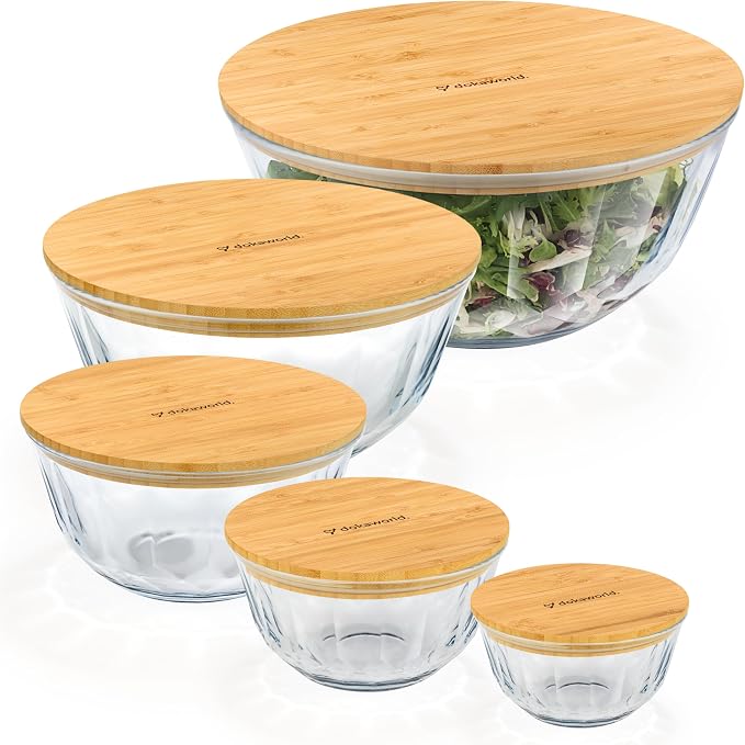 Large Stackable Set of 5 Nesting Glass Bowls with Bamboo Lids for Foodprep, Storage, Baking, Sourdough Mixing & Cooking. Microwave & Oven Safe Heat Resistant Inert Borosilicate Glass - Image 9