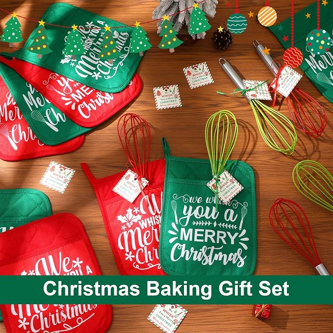 LemonRoad 12 Sets Christmas Whisk Baking Gift Set Xmas Silicone Whisks Oven Mitt Pot Holder Greeting Cards Ribbon Bags for Holiday Kitchen Utensils Cooking Supplies Neighbor Gift(Classic,Red, Green) - Image 4