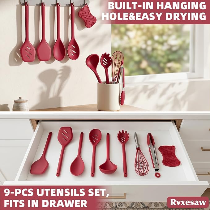 Kitchen Utensils Set,9 PCS Silicone Cooking Utensils Set Spatula Set,Cooking Utensils Tool,Tongs,Spoon,Whisk,Brush,Dishwasher Safe Kitchen Gadgets for Non-Stick Cookware,Home Essential(Red) - Image 8