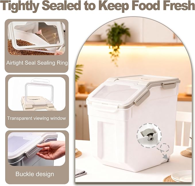 RUIAN 2Pcs Large Flour Storage Container Bin 50Lb Airtight Rice Storage Containers with Wheels Seal Locking Lid, BPA Free with Measuring Cup&Scoop for Flour, Rice, Grain 100LBS Total (Grey) - Image 3