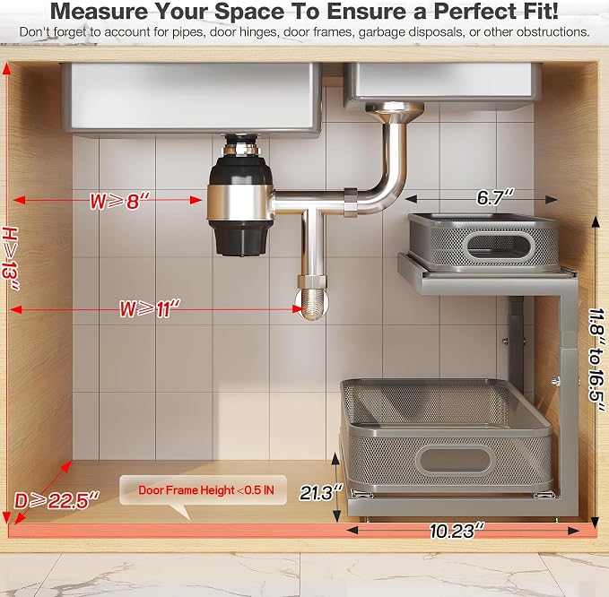 2-Pack 21.3 IN Depth Under Sink Organizer With Next-Gen Ball-Bearing Slides,Sophisticated Mesh 2-Tier Pull Out Shelf for Kitchen & Bathroom,Fits Small Items-Gun Gray - Image 2