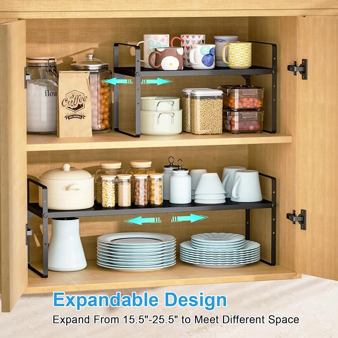 15.5 to 25.5 Inch Kitchen Cabinet Shelf Organizers, Adjustable Kitchen Counter Shelf Organizer, Set of 4 Expandable Countertop Storage Shelves, Stackable Design, 30LBS Heavy Duty, Space Saver - Image 4