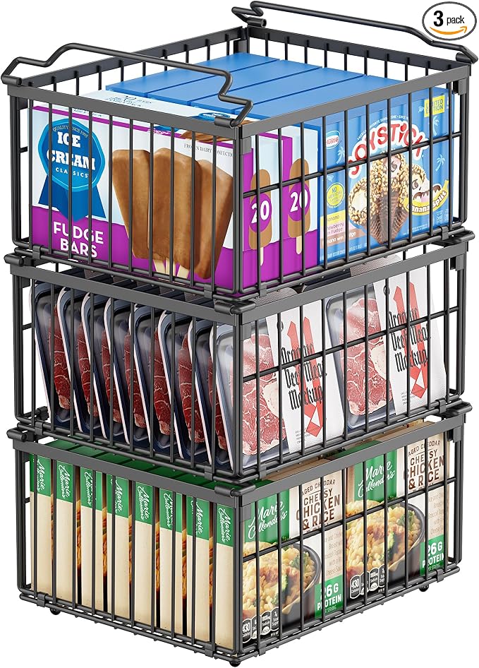 Freezer Organizer Bins, 3 Pack Enlarged Baskets for 5-9 Cu.FT Deep Freezer | Stackable Chest Freezer Organizer Bins, Foldable with Handles, Black Storage Container Baskets for Sort Frozen Meats by MSERCUOR