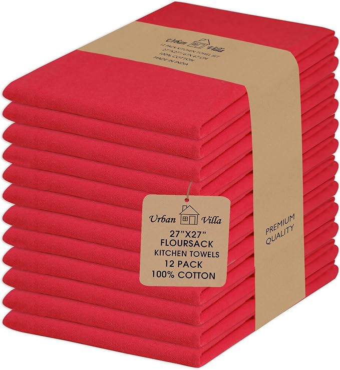Urban Villa Kitchen Towels Cotton Dish Towels 27”x27” (Set of 12) Red by CottonTrends