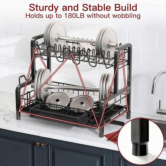 2 Tier Black Stainless Steel Dish Drying Rack for Kitchen Counter | Large Capacity Dish Drainer with Drainboard, Cup & Utensil Holder, Space Saving Rustproof Metal Plate Rack, Fast Drain - Image 5